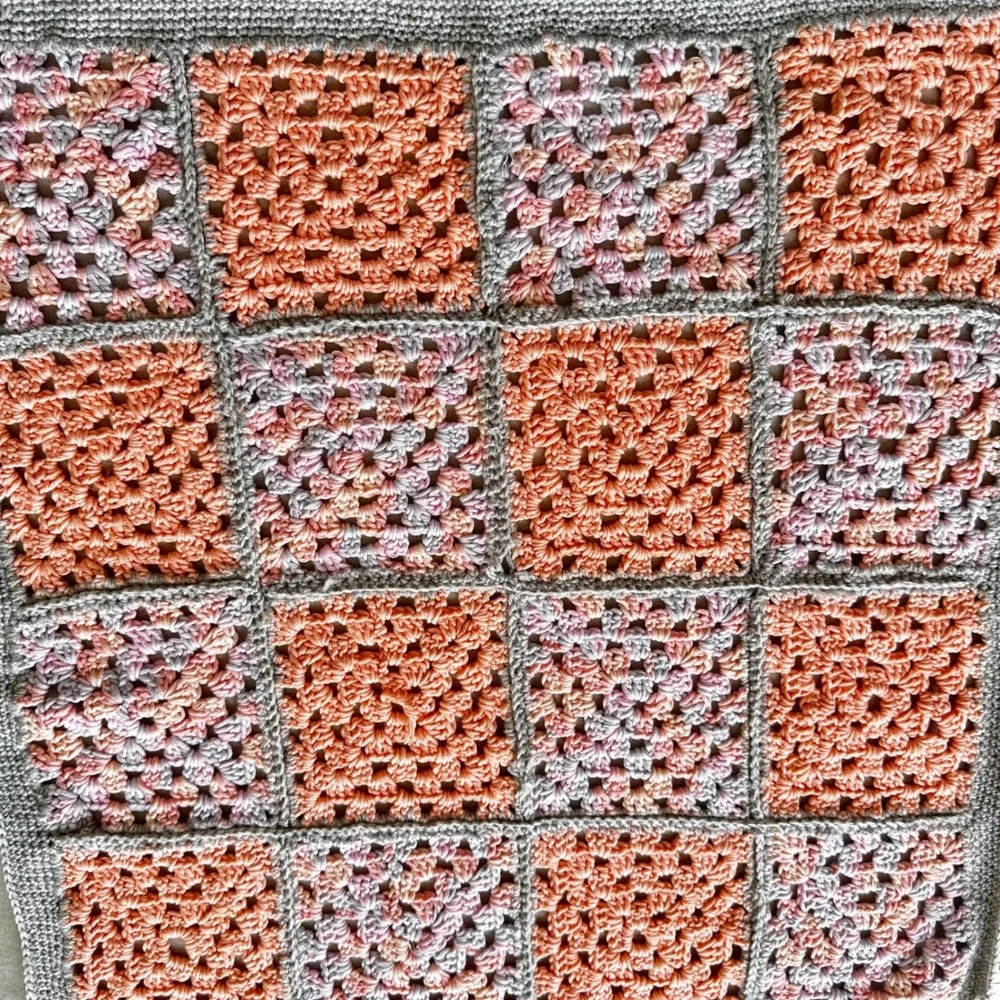 Handmade Crochet Granny Square Baby Blanket Peach Pink Gray 22x26 Stroller Throw